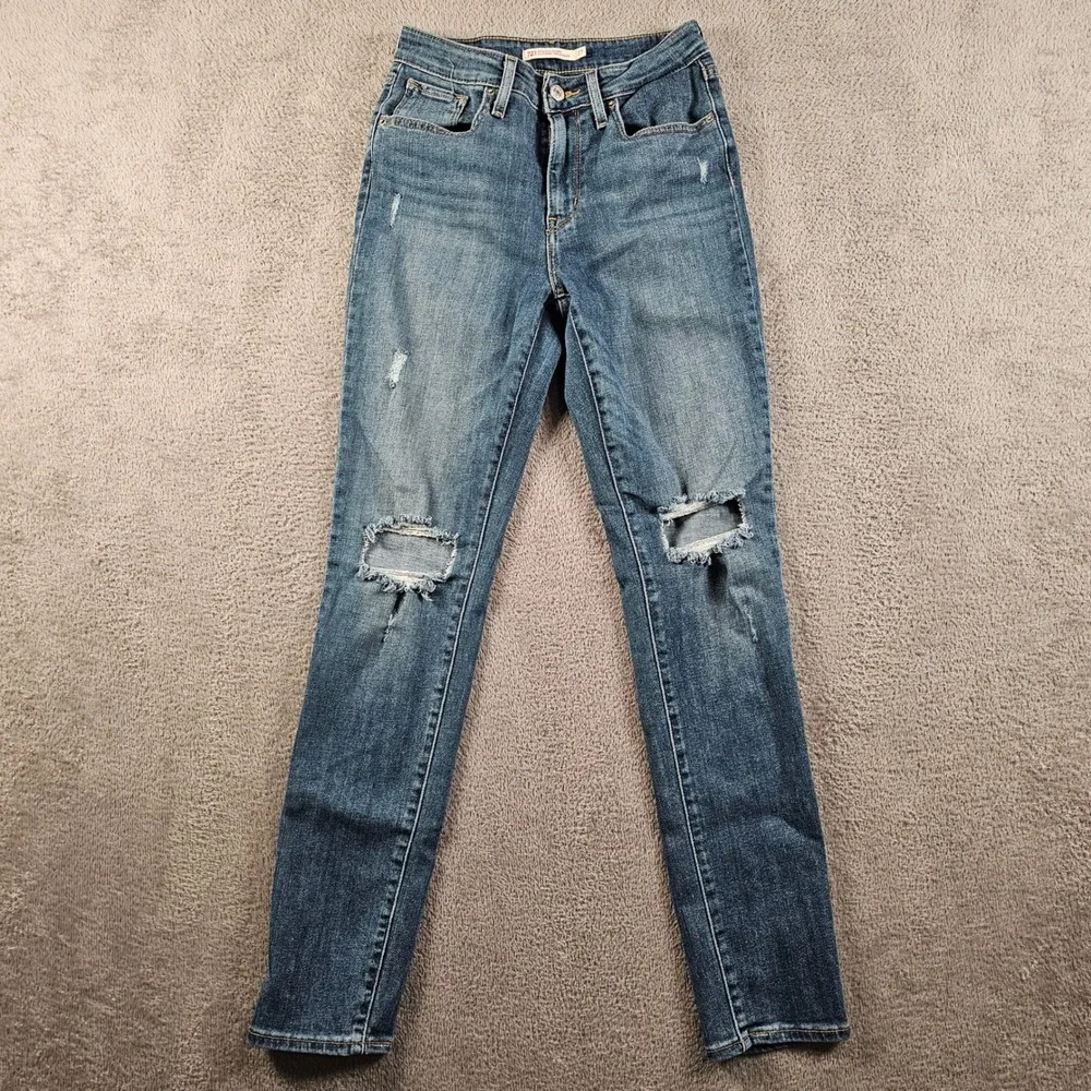 Levis 721 High Rise Skinny Jeans Distressed Ripped Medium Wash Blue W27 L30